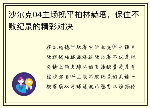 沙尔克04主场挽平柏林赫塔，保住不败纪录的精彩对决